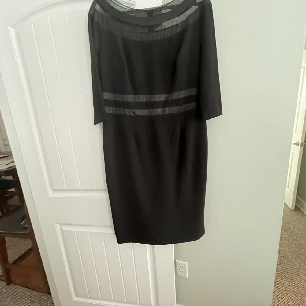 Black Sheath Dress with Sheer Yoke and Waist Stripes